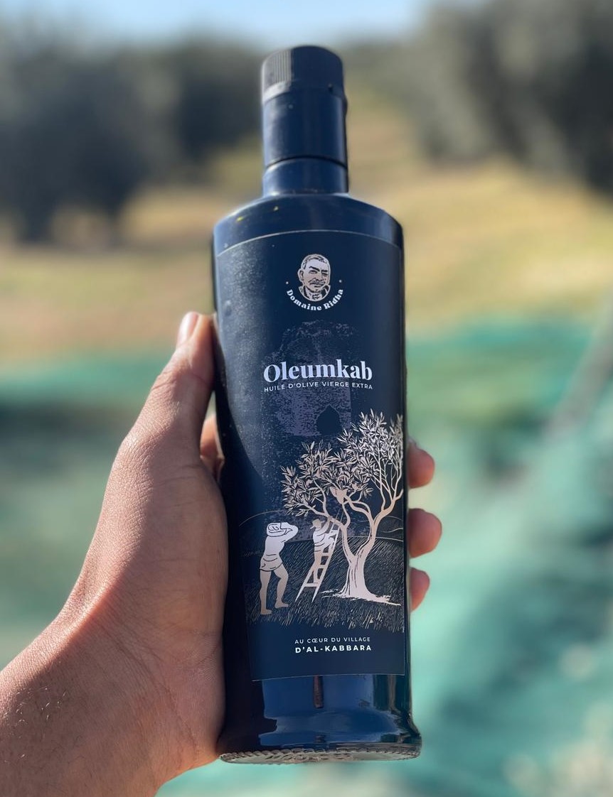 Bannière de prestige Domaine Ridha Oleumkab - Huile d'olive vierge extra de Tunisie logo doré