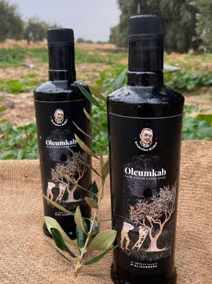 Deux bouteilles d'huile d'olive extra vierge Oleumkab sur un sac en jute au milieu des oliviers du Domaine Ridha à Al-Kabbara